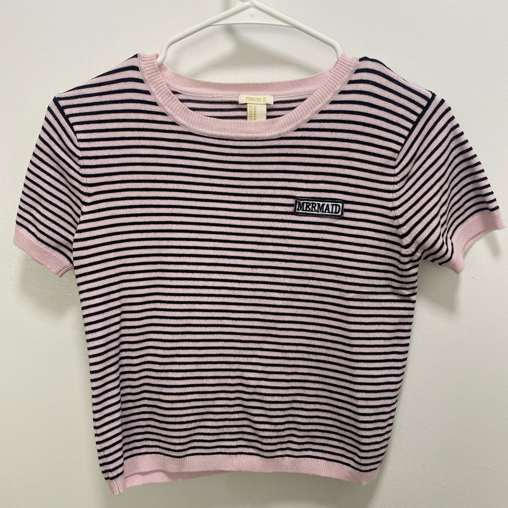 Forever 21 Striped Light Pink and Black Crop Top